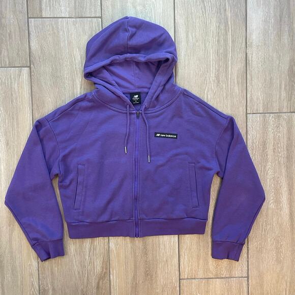 New Balance Cropped Hoodie Sweatshirt Women S Purple Zip Up IC-2020 Graphic Back - Picture 1 of 10
